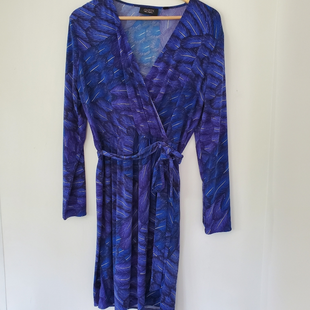 MARA HOFFMAN GYPSY M Blue Feather Print Faux Wrap 39" Dress LS Party Office EUC - Picture 4 of 13